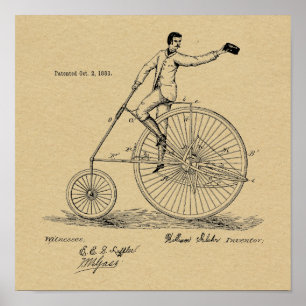 1883ヴィンテージハイホイーラー自転車特許プリント ポスター