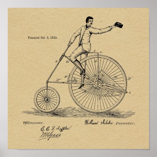 1883ヴィンテージハイホイーラー自転車特許プリント ポスター (正面)