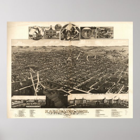 1883 Kalamazoo, MI Bird's-eye viewパノラママップ ポスター (正面)