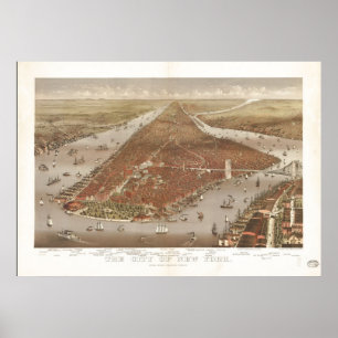 1884 New York City NY Bird's eye viewパノラママップ ポスター