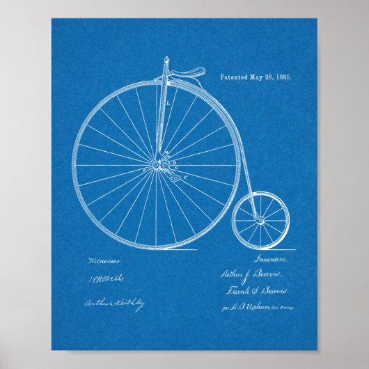 1885ハイホイーラー自転車デザイン特許プリント ポスター (正面)