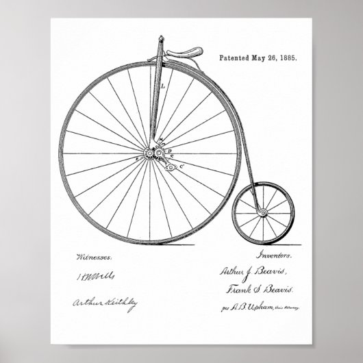 1885ヴィンテージハイホイーラー自転車特許プリント ポスター (正面)