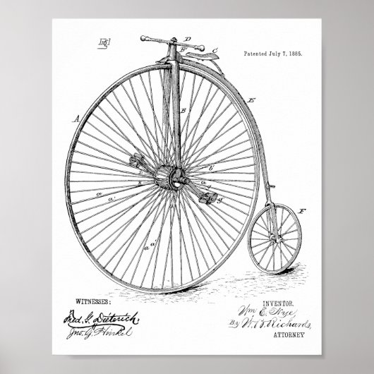 1885ヴィンテージハイホイーラー自転車特許プリント ポスター (正面)