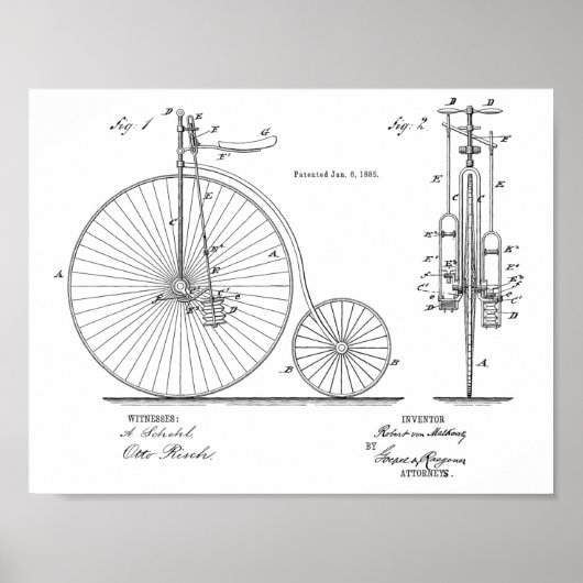 1885ヴィンテージハイホイーラー自転車特許プリント ポスター (正面)
