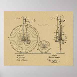 1885ヴィンテージハイホイーラー自転車特許プリント ポスター