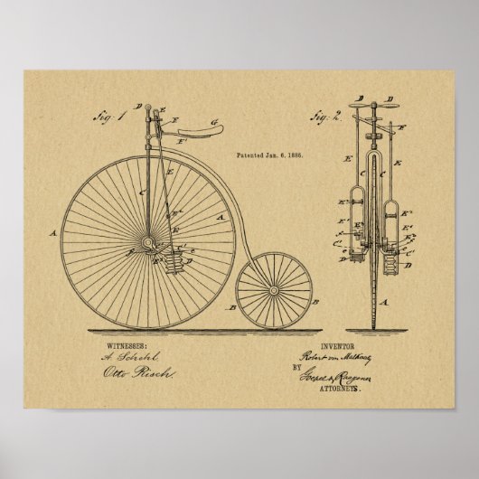 1885ヴィンテージハイホイーラー自転車特許プリント ポスター (正面)