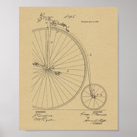 1885ヴィンテージハイホイーラー自転車特許プリント ポスター (正面)