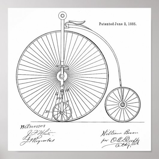 1885ヴィンテージハイホイーラー自転車特許プリント ポスター (正面)