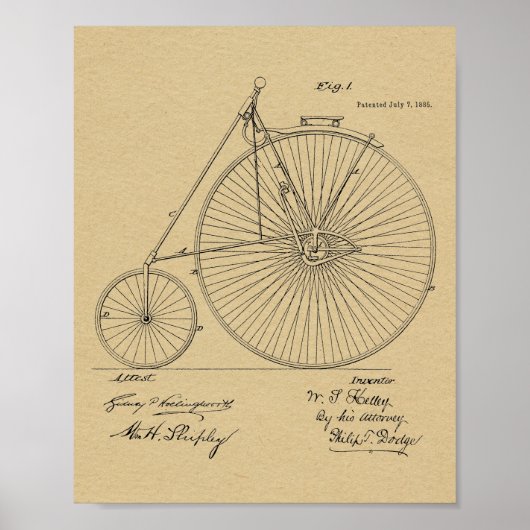 1885ヴィンテージハイホイーラー自転車特許プリント ポスター (正面)