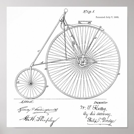 1885ヴィンテージハイホイーラー自転車特許プリント ポスター (正面)