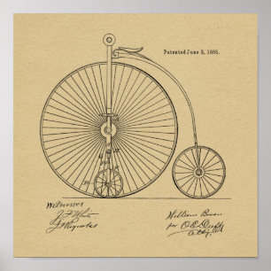1885ヴィンテージハイホイーラー自転車特許プリント ポスター