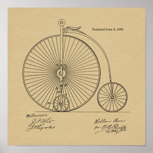 1885ヴィンテージハイホイーラー自転車特許プリント ポスター (正面)