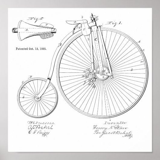 1885ヴィンテージハイホイーラー自転車特許プリント ポスター (正面)