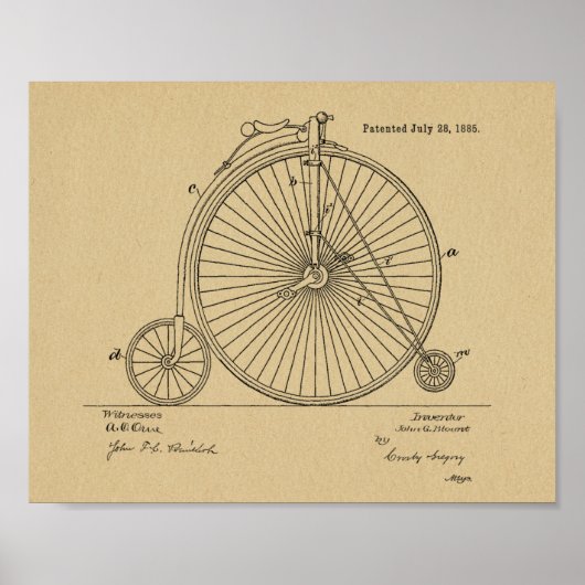 1885ヴィンテージハイホイーラー自転車特許プリント ポスター (正面)