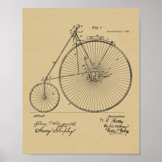 1885ヴィンテージハイホイーラー自転車特許プリント ポスター (正面)