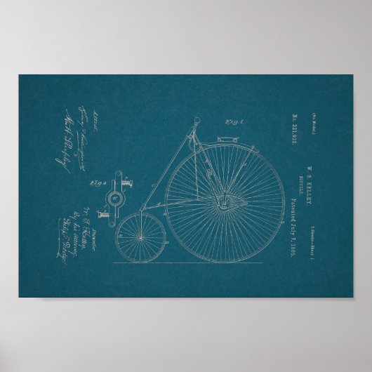 1885ヴィンテージハイホイール自転車特許プリント ポスター (正面)