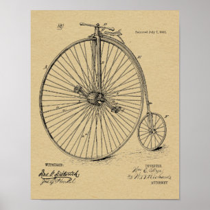 1885年のヴィンテージの高い荷車引きの自転車のパテントの芸術のプリント ポスター