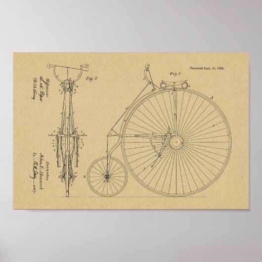 1886ハイホイーラー自転車デザイン特許プリント ポスター (正面)