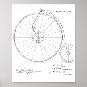 1886ヴィンテージハイホイーラー自転車特許プリント ポスター