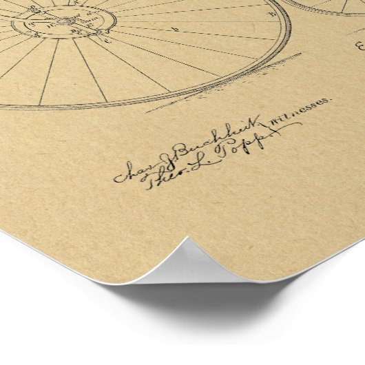 1886ヴィンテージハイホイーラー自転車特許プリント ポスター (角)