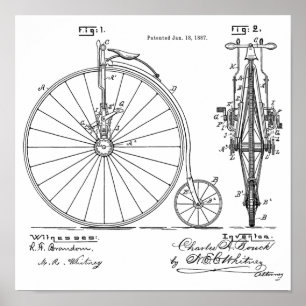 1887ヴィンテージハイホイーラー自転車特許プリント ポスター