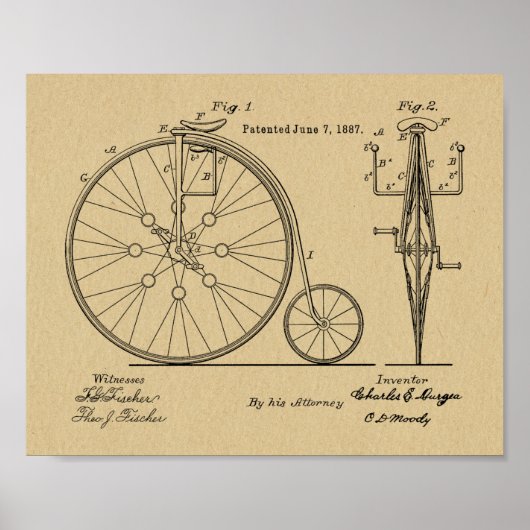 1887ヴィンテージハイホイーラー自転車特許プリント ポスター (正面)