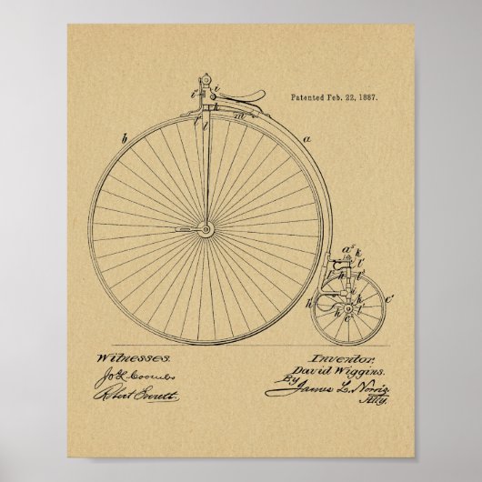 1887ヴィンテージハイホイーラー自転車特許プリント ポスター (正面)
