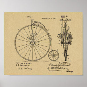 1887ヴィンテージハイホイーラー自転車特許プリント ポスター