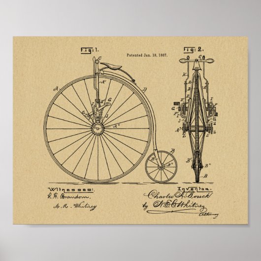 1887ヴィンテージハイホイーラー自転車特許プリント ポスター (正面)