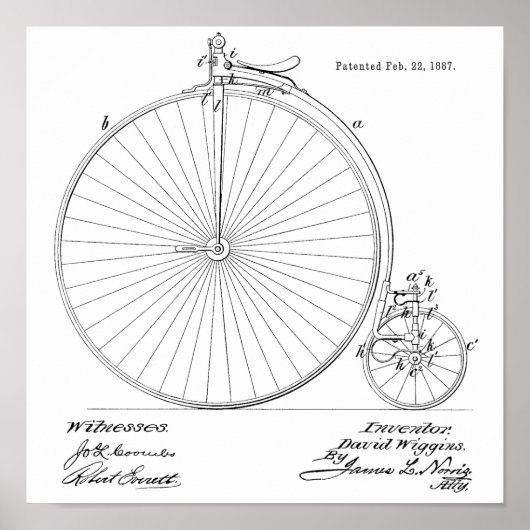 1887ヴィンテージハイホイーラー自転車特許プリント ポスター (正面)