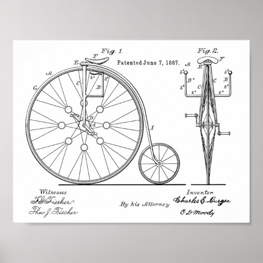 1887ヴィンテージハイホイーラー自転車特許プリント ポスター (正面)