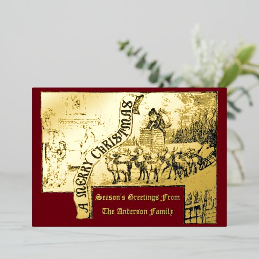1887年ビクトリアンのサンタ&トナカイのクリスマス 箔シーズンカード (立ち正面)