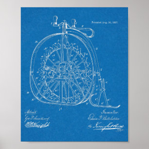 1887 Ice High Wheeler Bicycle Design Patent Print ポスター