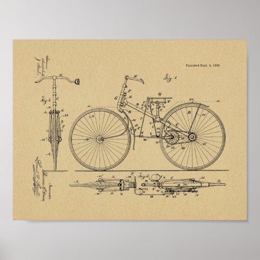 1888ヴィンテージ自転車デザイン特許プリント ポスター (正面)