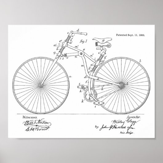 1888ヴィンテージ自転車デザイン特許プリント ポスター (正面)