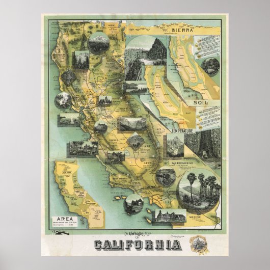 1888年 カリフォルニア州絵地図ポスター ヴィンテージ ポスター (正面)