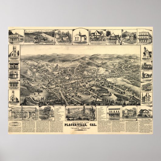 1888 Placerville CAバードアイビューパノラママップ ポスター (正面)