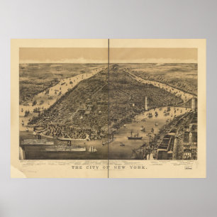 1889年のニューヨークシティNYの鳥目眺めのパノラマ式の地図 ポスター