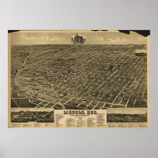 1889 Lincoln, NE Bird's-eye viewパノラママップ ポスター (正面)