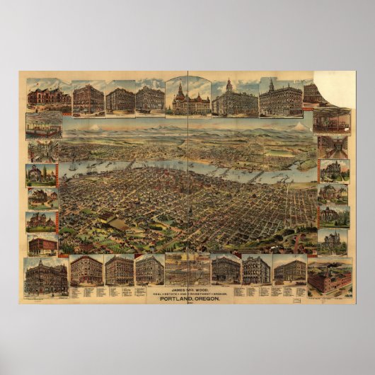 1890ポートランドOR鳥瞰図パノラママップ ポスター (正面)