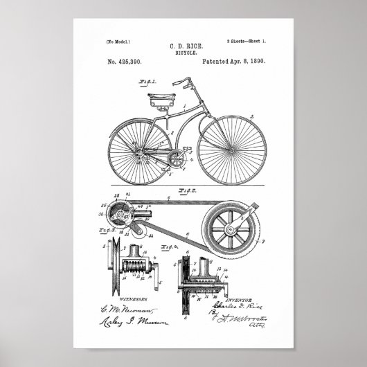 1890ヴィンテージ自転車特許プリント ポスター (正面)