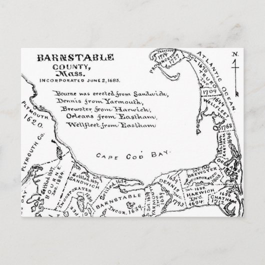 1890年のケープコッドの古地図 ポストカード (正面)