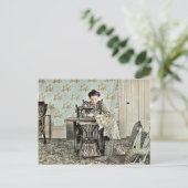 1890年の女性の裁縫機の写真の着色 シーズンポストカード (スタンド正面)