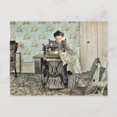 1890年の女性の裁縫機の写真の着色 シーズンポストカード (正面)