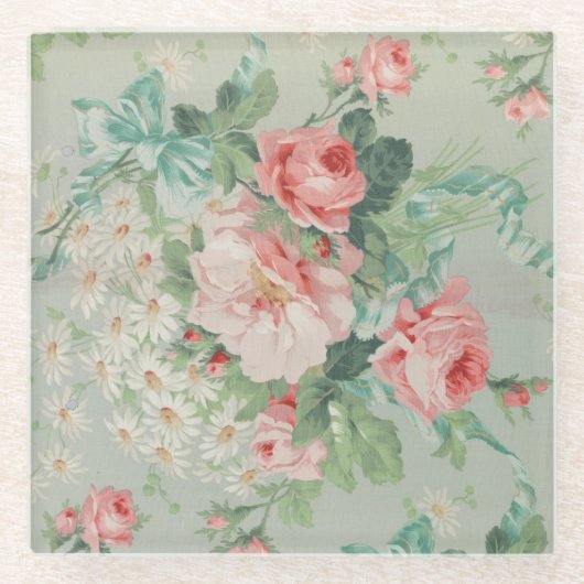 1890英国ヴィンテージファブリックバラとデイジー ガラスコースター (正面)