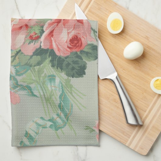 1890英国ヴィンテージファブリックバラとデイジー キッチンタオル (四つ折り)