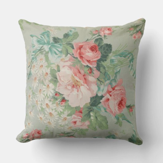 1890英国ヴィンテージファブリックバラとデイジー クッション (正面)