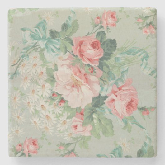 1890英国ヴィンテージファブリックバラとデイジー ストーンコースター (正面)