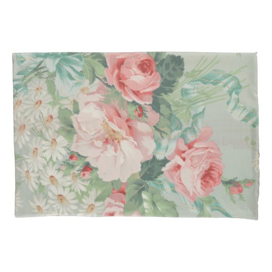 1890英国ヴィンテージファブリックバラとデイジー 枕カバー (正面)