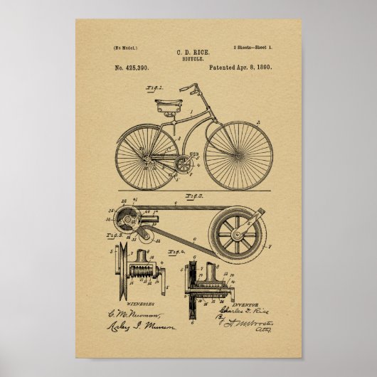 1890 Vintage Bicycle Patent Art Print ポスター (正面)